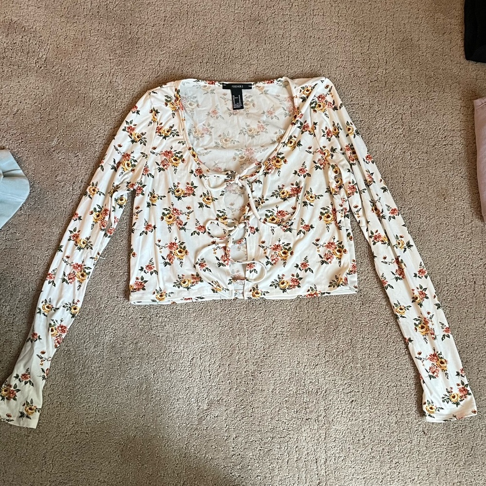 Forever 21 crop top with tie front, size medium, yellow and pink flowers